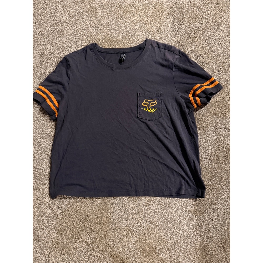 Fox Racing Women Gray Cropped Pocket T-Shirt Orange Sleeve Stripes Large 25027